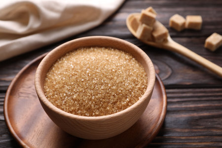Brown sugar in bowl on wooden table, closeupの写真素材