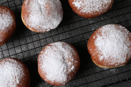 Delicious sweet buns on table, top view