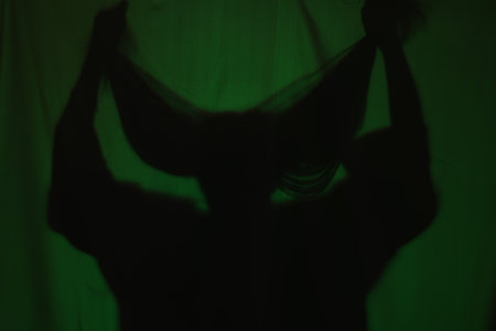 Silhouette of creepy ghost behind dark green clothの写真素材