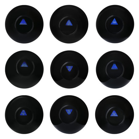 Magic eight ball with different predictions isolated on white, collectionの写真素材