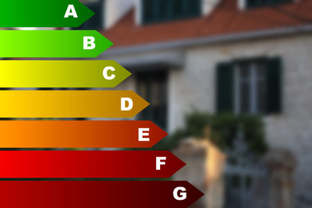 Energy efficiency rating and blurred view of house outdoorsの写真素材