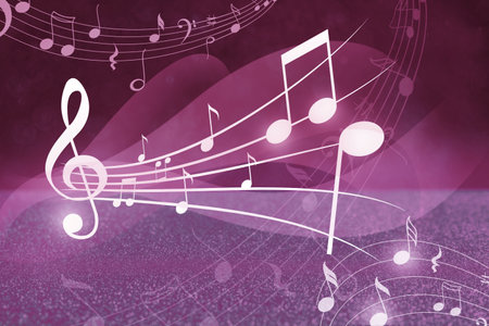 Music notes on purple background with glitterの写真素材