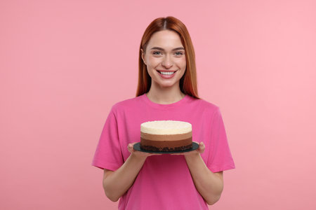 Young woman with tasty cake on pink backgroundの写真素材