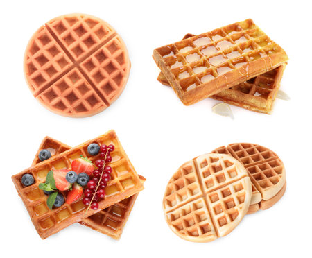 Tasty Belgian waffles isolated on white, collectionの写真素材
