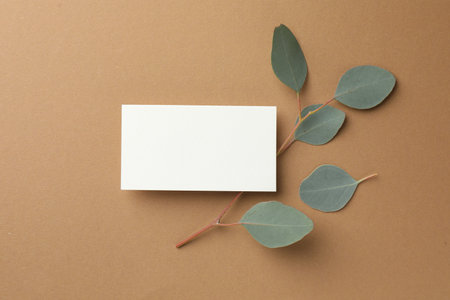 Blank business card and eucalyptus branch on beige background, top view. Mockup for designの写真素材