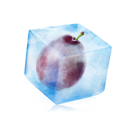 Frozen food. Raw plum in ice cube isolated on whiteの写真素材