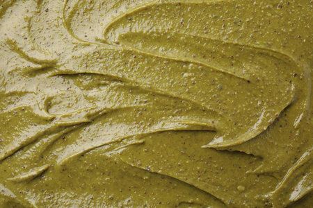 Tasty pistachio cream as background, top view
