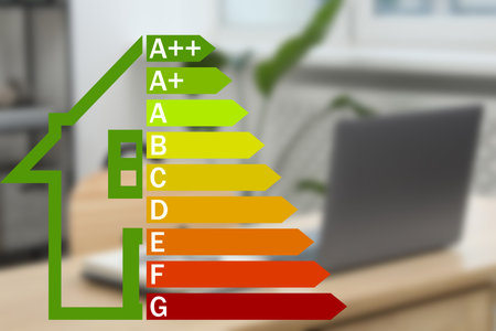 Energy efficiency rating and blurred view of office interiorの写真素材