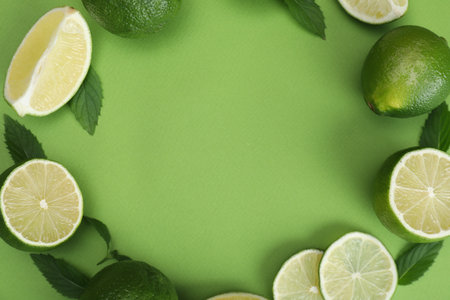 Flat lay composition with fresh limes and leaves on green background. Space for textの写真素材