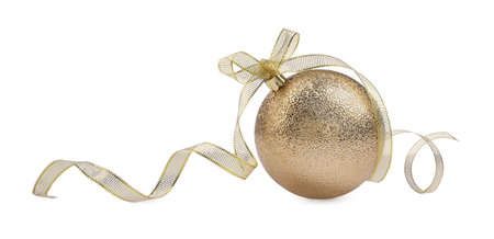 Beautiful golden Christmas ball with ribbon isolated on whiteの写真素材