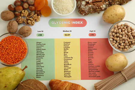 Paper with glycemic index chart and products on white table, flat layの写真素材