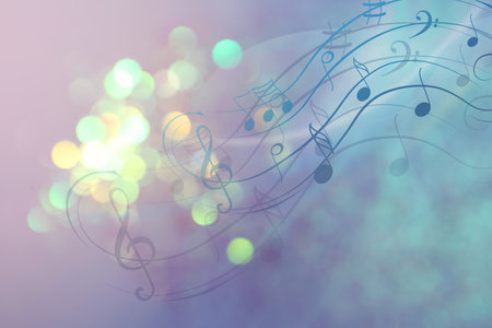 Music notes on background with blurred lights, bokeh effectの写真素材