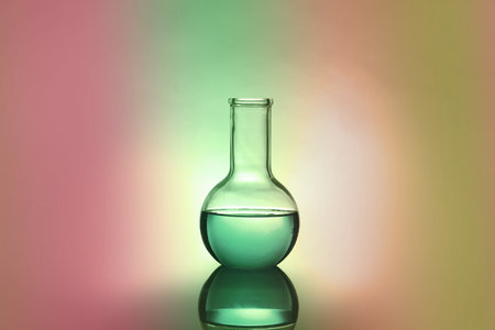 Flask with liquid on table. Color tonedの写真素材