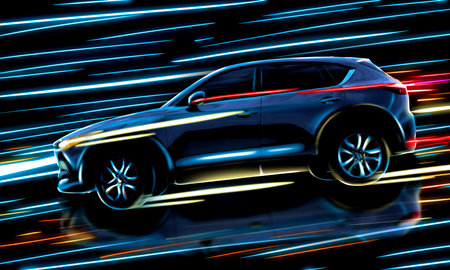 Black modern car and speed light trails, motion blur effect. Banner designの写真素材