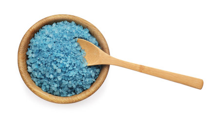 Bowl with blue sea salt and spoon isolated on white, top viewの写真素材