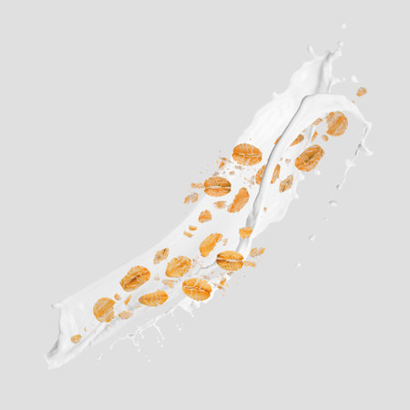 Rolled oats and milk splash on light gray backgroundの写真素材