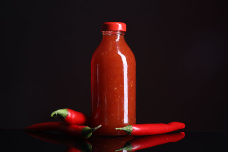 Spicy chili sauce in bottle and peppers against dark backgroundの写真素材