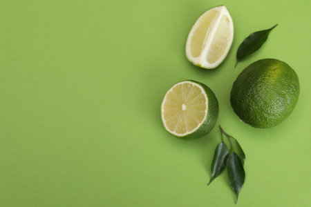 Flat lay composition with fresh limes and leaves on green background. Space for textの写真素材