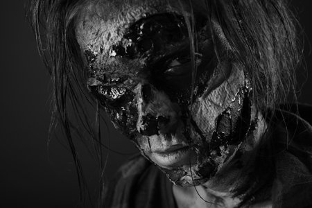 Scary zombie on dark background, black and white effect. Halloween monsterの写真素材