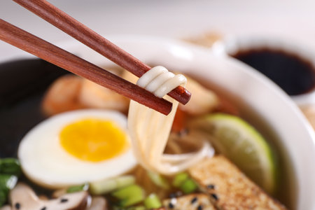 Eating delicious ramen with chopsticks, closeup. Noodle soupの写真素材