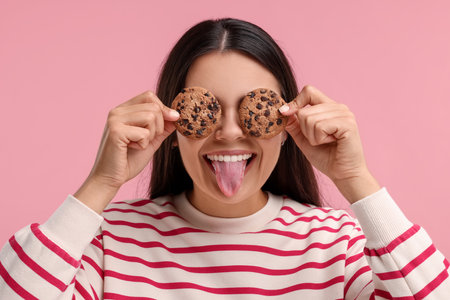 Young woman with chocolate chip cookies on pink backgroundの写真素材