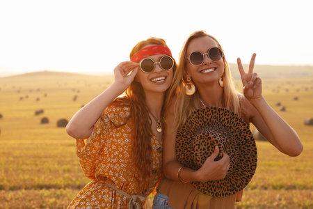 Portrait of beautiful happy hippie women in fieldの写真素材