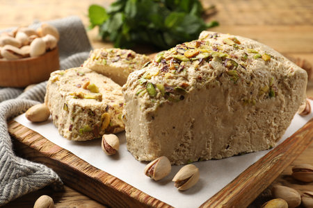 Tasty halva with pistachios on table, closeup