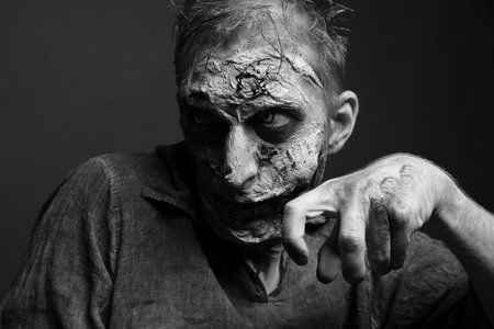 Scary zombie on dark background, black and white effect. Halloween monsterの写真素材