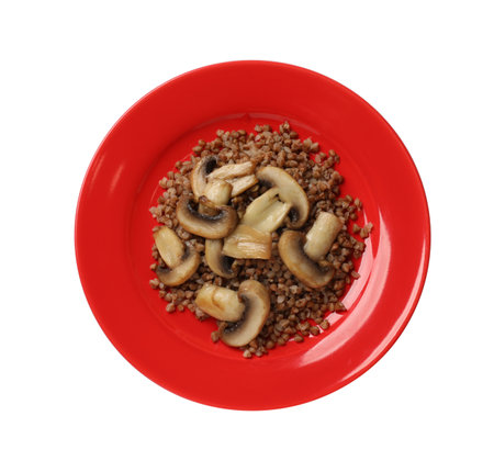 Tasty buckwheat with mushrooms isolated on white, top viewの写真素材
