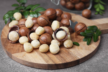 Tasty organic Macadamia nuts on gray tableの写真素材
