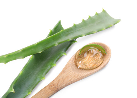 Spoon with aloe vera gel and green leaves isolated on whiteの写真素材