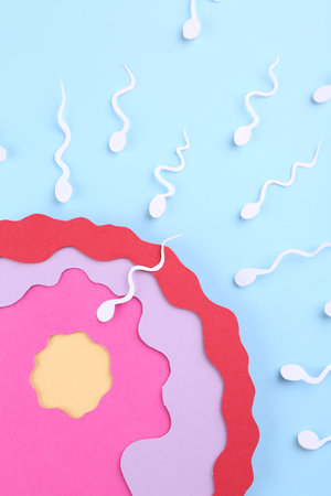 Fertilization concept. Sperm cells swimming towards egg cell on light blue background, top view