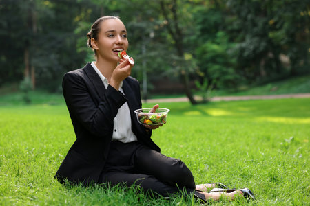 Lunch time. Happy businesswoman eating salad on green grass in parkの写真素材