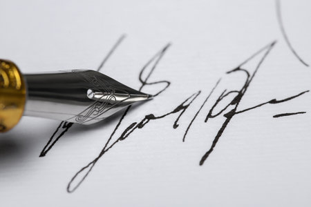 Signing on sheet of paper with fountain pen, closeupの写真素材