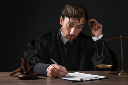 Emotional judge working with papers at wooden table against black backgroundの写真素材