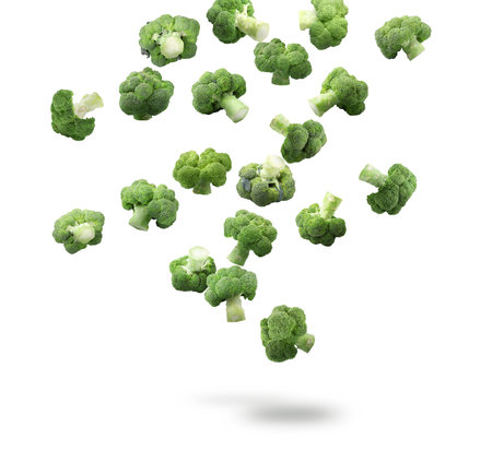 Fresh green broccoli falling on white backgroundの写真素材