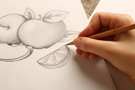 Woman with graphite pencil drawing fruits on paper at table, closeupの写真素材
