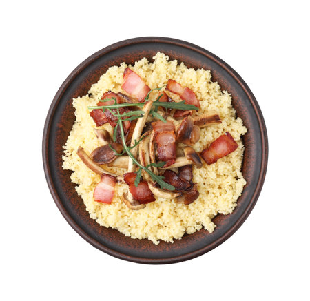 Tasty couscous with mushrooms and bacon in bowl isolated on white, top viewの写真素材