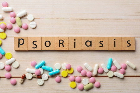 Word Psoriasis made of squares with letters and different pills on white wooden table, flat layの写真素材