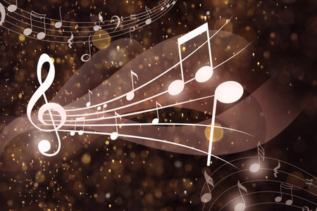 Music notes on dark background, bokeh effect