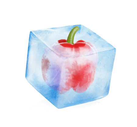 Frozen food. Raw bell pepper in ice cube isolated on whiteの写真素材