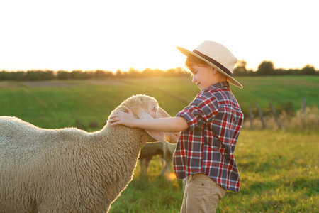 Boy stroking sheep on pasture. Farm animalの写真素材