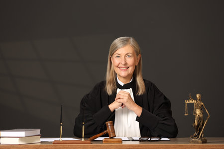 Portrait of smiling judge in court dress at table indoors. Space for textの写真素材