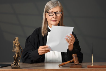 Judge in court dress working with document indoorsの写真素材