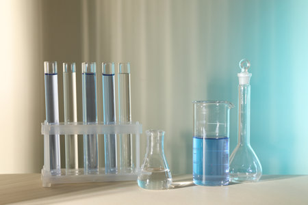 Laboratory analysis. Different glassware on table against color backgroundの写真素材