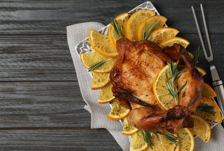 Baked chicken with orange slices on gray wooden table, flat lay. Space for textの写真素材