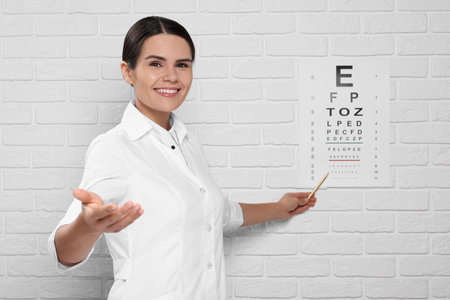 Ophthalmologist pointing at vision test chart on white brick wall