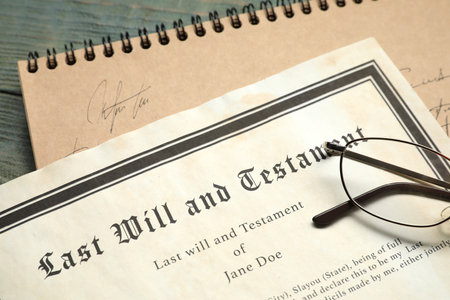 Last Will and Testament, notebook and glasses on rustic wooden table, closeup