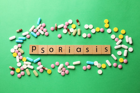 Word Psoriasis made of wooden squares with letters and different pills on green background, flat layの写真素材