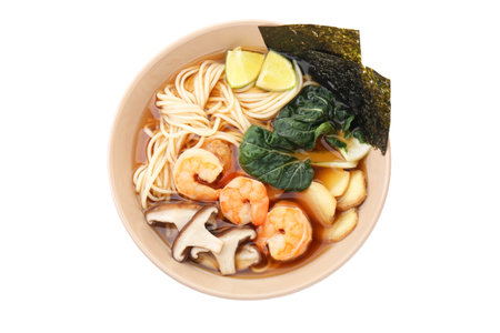Delicious ramen with shrimps and mushrooms in bowl isolated on white, top view. Noodle soupの写真素材
